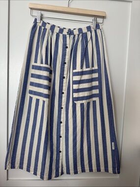 Blue and Cream Striped Button-Front Midi Skirt